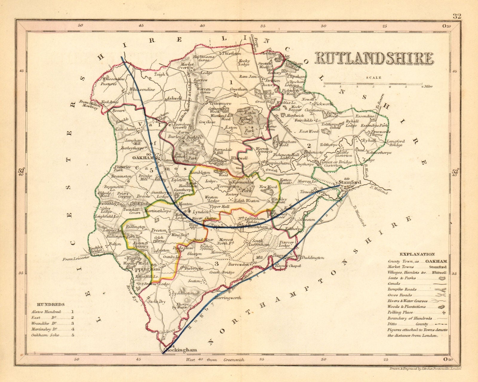 RUTLANDSHIRE county map by ARCHER & DUGDALE. Seats canals polling places 1845